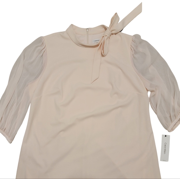 Calvin Klein Size 18W Light Pale Pink Mini Midi Dress Bow Detail Sheer Sleeves - Picture 3 of 11